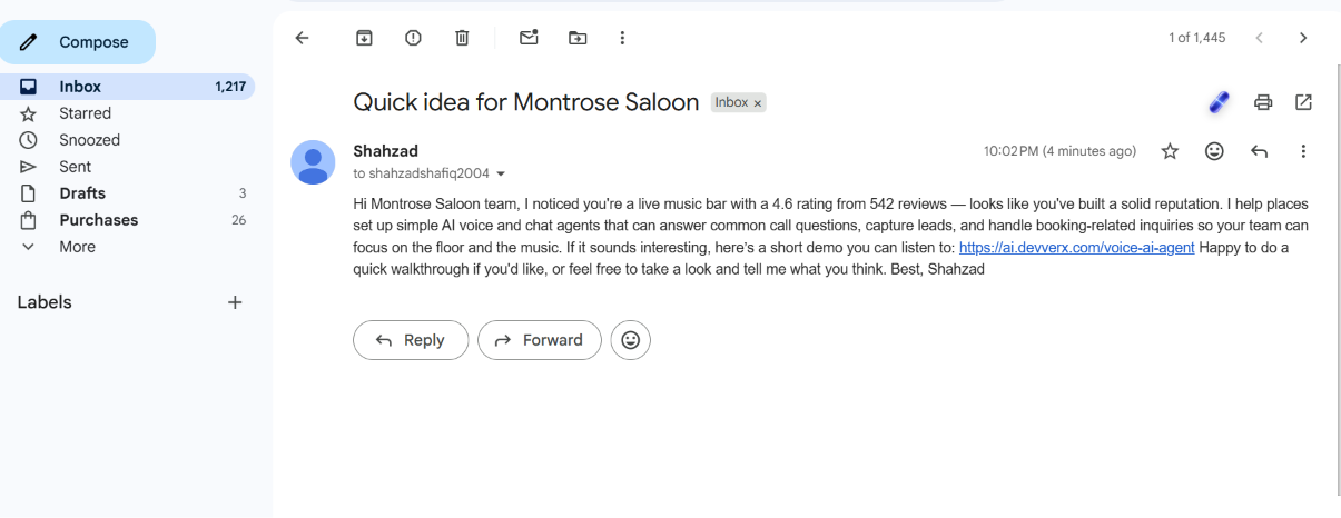 Delivered outreach email in Gmail