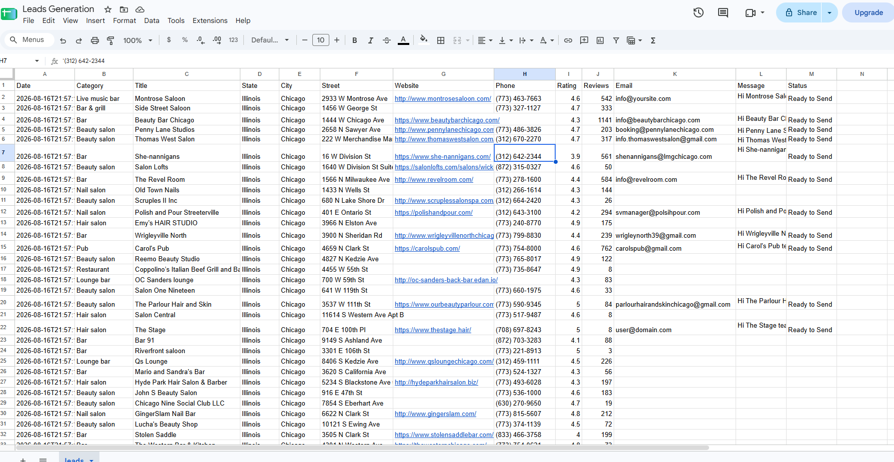 Google Sheet of scraped leads with emails, messages and status